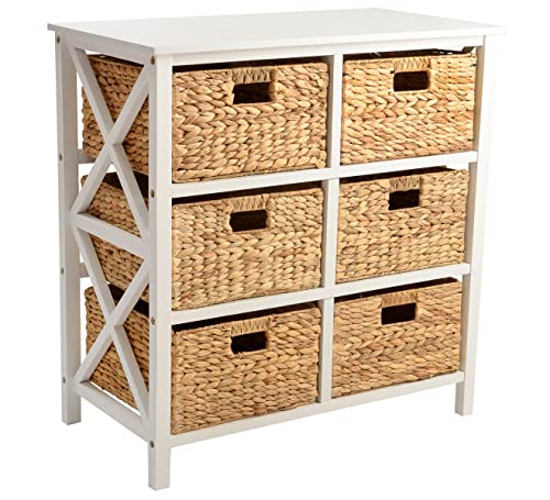 3 Tier X-Side End Storage Cabinet Table, White | 6 Wicker Baskets, For Bedroom, For Living Room