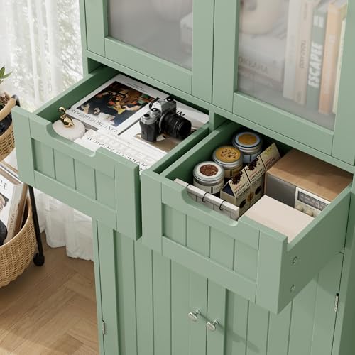 67" Tall Bathroom Storage Cabinet, Freestanding Storage Cabinet with Glass Door and Shelves, Kitchen Pantry Linen Cabinet with 2 Drawers for Bathroom, Living Room, Dining Room, Green