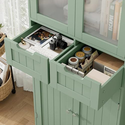 67" Tall Bathroom Storage Cabinet, Freestanding Storage Cabinet with Glass Door and Shelves, Kitchen Pantry Linen Cabinet with 2 Drawers for Bathroom, Living Room, Dining Room, Green
