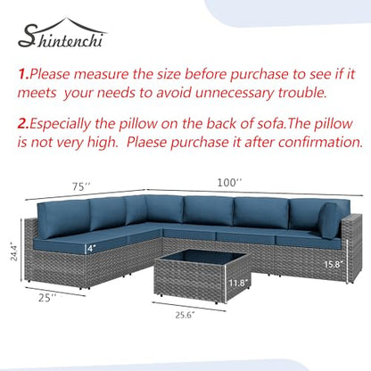 7 Piece Outdoor Patio Furniture Set,Silver PE Rattan Wicker Sectional Sofa, All Weather Conversation Set with Washable Cushions & Glass Coffee Table for Backyard Poolside Garden Porch,Navy Blue