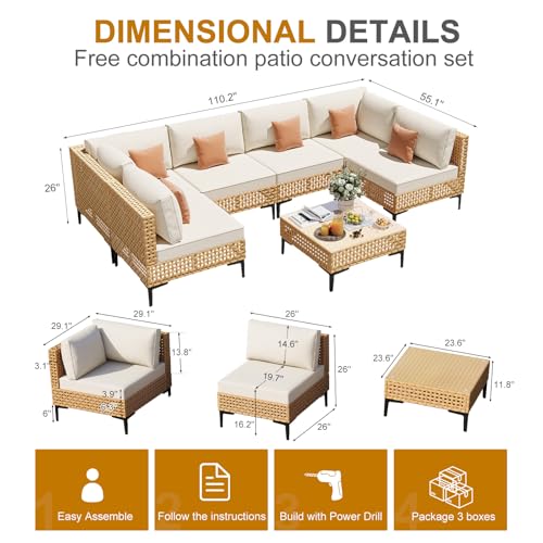 Patio Furniture Set 7 Piece Large Modular Outdoor Sectional Free Combination Outdoor Furniture with Thick Cushion All Weather Wicker Boho Patio Conversation Sets for Porch, Deck