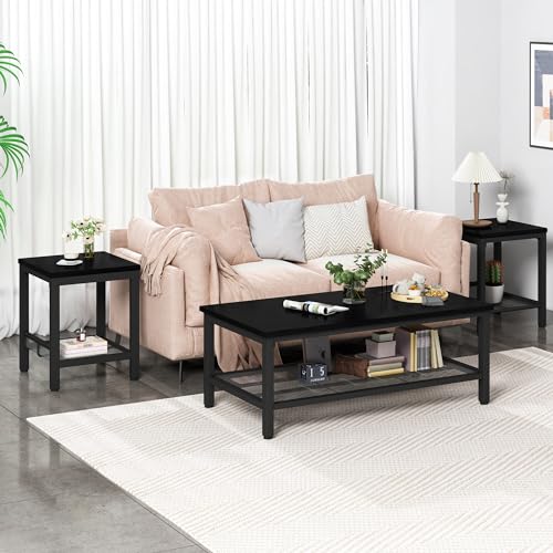 Coffee Table Set of 3, Industrial Coffee Table with 2 Square End Side Tables, Modern Living Room Table Set, with Metal Frame, for Apartment Home Office, Black