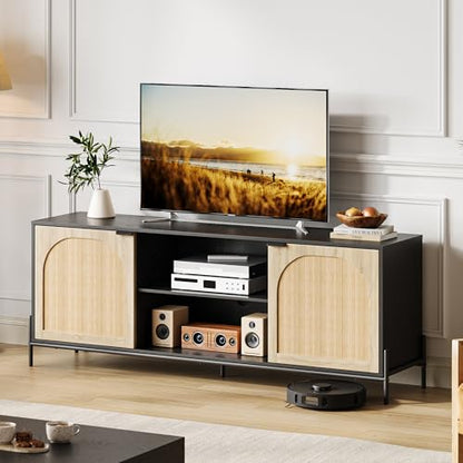 Rattan TV Stand for 75" TV with Storage, 65" Console Table with Metal Legs, view 7