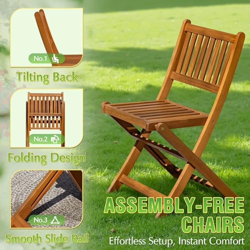 5 Piece Patio Dining Set Outdoor Acacia Wood Furniture All-Weather Folding Round Table and Chairs for Backyard, Balcony, Porch, Deck, Garden, Light Brown