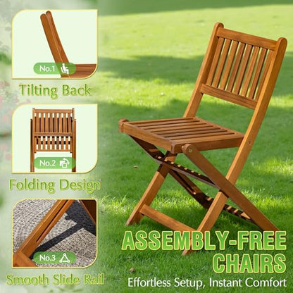 5 Piece Patio Dining Set Outdoor Acacia Wood Furniture All-Weather Folding Round Table and Chairs for Backyard, Balcony, Porch, Deck, Garden, Light Brown