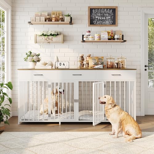 Double Dog Crate, 71"W Indoor Dog Kennel Furniture for 2 Dog, White, view 4