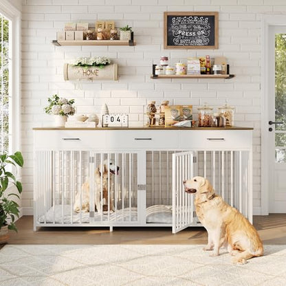 Double Dog Crate, 71"W Indoor Dog Kennel Furniture for 2 Dog, White, view 4
