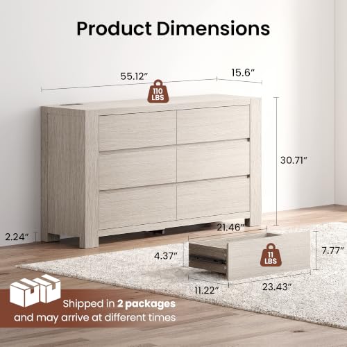 55'' Modern 6 Drawers Dresser for Bedroom with Charging Station, view 3
