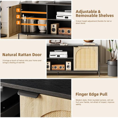 Rattan TV Stand for 75" TV with Storage, 65" Console Table with Metal Legs, view 5