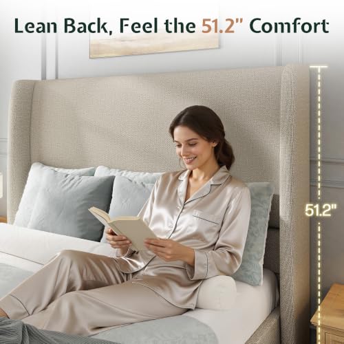 Queen Bed Frame Linen Upholstered Wingback Headboard, Brown, view 5