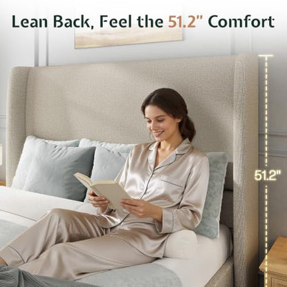 Queen Bed Frame Linen Upholstered Wingback Headboard, Brown, view 5