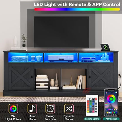 TV Stand with Curved Desktop for 75/80 Inch TVs, Black | Entertainment Center with LED Lights, Media Furniture TV Table with with Power Outlet, TV Consoles for Living Room