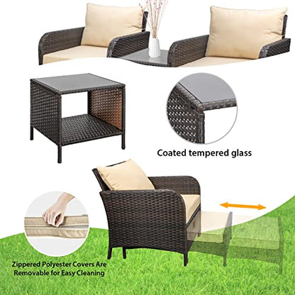 Balcony Furniture 5 Piece Patio Conversation Set, PE Wicker Rattan Outdoor Lounge Chairs with Soft Cushions 2 Ottoman&Glass Table for Porch, Lawn-Brown Wicker