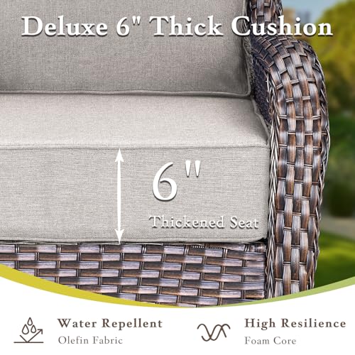 Luxury High Back Outdoor Furniture with 6-inch Extra Thick Cushions, Patio Furniture Set with Fire Pit Table & Swivel Chairs, 9 PCS Wicker Conversation Set for Yard, Deck, Poolside, Brown/Beige