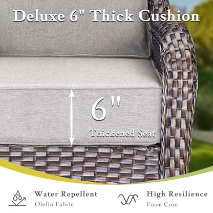 Luxury High Back Outdoor Furniture with 6-inch Extra Thick Cushions, Patio Furniture Set with Fire Pit Table & Swivel Chairs, 9 PCS Wicker Conversation Set for Yard, Deck, Poolside, Brown/Beige