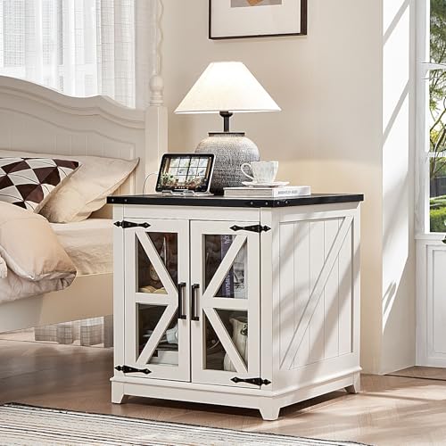 Farmhouse End Table Set of 2,24" Large Sofa Side Table with Charging Station Glass Barn Door,Wood Nightstand with Adjustable Storage Shelf,Square Bedside Table for Living Room,Bedroom,Office-White