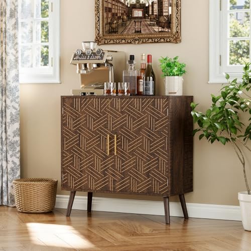 Sideboard Buffet Cabinet with Storage, Elegant Wood Accent Cabinet with Line Groove Design, Freestanding Storage Cabinet with Adjustable Shelves for Living Room, Kitchen, Entryway, Walnut