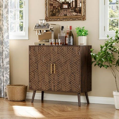 Sideboard Buffet Cabinet with Storage, Elegant Wood Accent Cabinet with Line Groove Design, Freestanding Storage Cabinet with Adjustable Shelves for Living Room, Kitchen, Entryway, Walnut