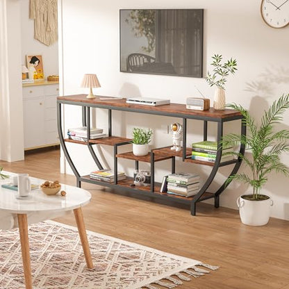 70.86" Extra Long Console Table Sofa Table & Storage Shelves Entryway Table Industrial TV Stand, Metal Frame Behind Couch Table for Foyer, Hallway, Entrance (Brown)