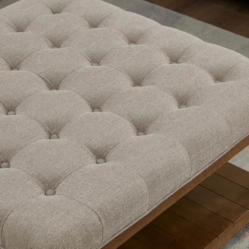 Upholstered Square Coffee Table with Wooden Shelf, Tufted Button Large Square Ottoman with Spindle Wooden Legs, Linen Large Footrest Ottoman Pouf for Living Room, Linen