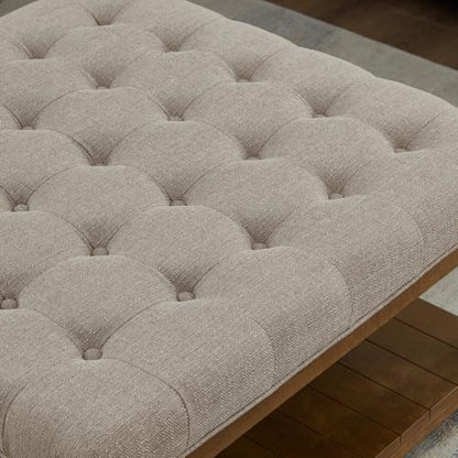 Upholstered Square Coffee Table with Wooden Shelf, Tufted Button Large Square Ottoman with Spindle Wooden Legs, Linen Large Footrest Ottoman Pouf for Living Room, Linen