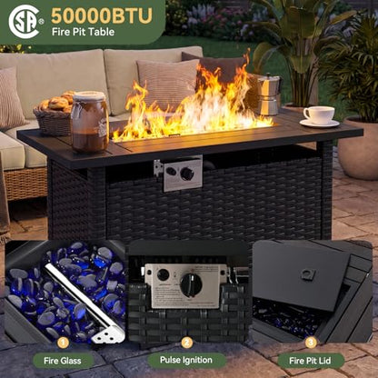 10-Piece Patio Furniture Set with 44” Fire Pit Table, Widen Armrests Wicker Rattan Outdoor Sectional Sofa with Swivel Chairs, Outdoor Patio Furniture Set with Thick Cushions & Ottoman, Beige