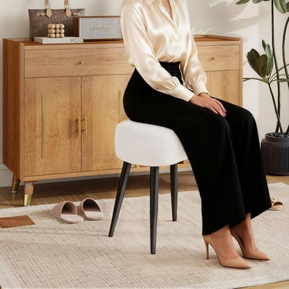 Teddy Velvet Vanity Stool, Upholstered Makeup Chair with Sturdy Metal Legs, Soft Padded Ottoman Footrest, Modern Accent Stool for Bedroom, Living Room, Entryway (White, 17.7in H)