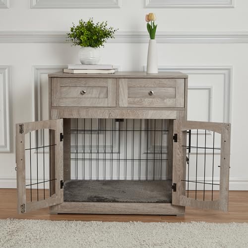 Dog Crate Furniture with Cushion,Wooden Dog Kennels Indoor with 2 Drawers, view 3