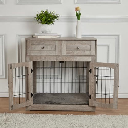 Dog Crate Furniture with Cushion,Wooden Dog Kennels Indoor with 2 Drawers, view 3