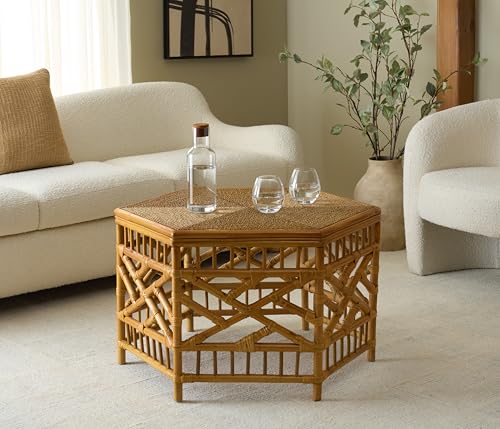 SAFAVIEH Couture Collection – Frederica Rattan & Seagrass Hexagon Coffee Table, Handwoven Natural Fiber Living Room Accent, Fully Assembled (CWK2037A)