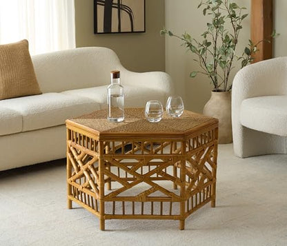 SAFAVIEH Couture Collection – Frederica Rattan & Seagrass Hexagon Coffee Table, Handwoven Natural Fiber Living Room Accent, Fully Assembled (CWK2037A)