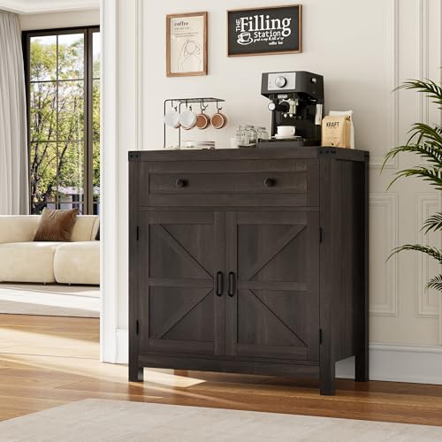 Coffee Bar Cabinet, Kitchen Storage Cabinet, Modern Farmhouse Buffet Sideboard with Drawer and Adjustable Shelf, Barn Door Accent Cabinets for Kitchen, Dining Room, Entryway, Dark Brown