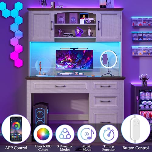 Farmhouse 67" H Executive Desk with Hutch,LED Light and Charging Station, Computer Desk with Storage Drawers & File Drawer, Workstation for Home Office & Study.Unique White