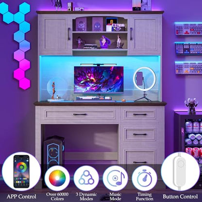 Farmhouse 67" H Executive Desk with Hutch,LED Light and Charging Station, Computer Desk with Storage Drawers & File Drawer, Workstation for Home Office & Study.Unique White