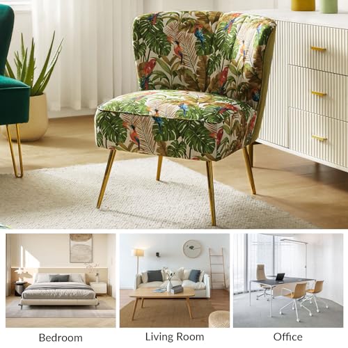Accent Chair with Golden Metal Legs, Comfy Tufted Wingback Living Room Chair Floral Fabric Small Armless Side Chair, Upholstered Slipper Chair for Bedroom, Reading Room Flower Print