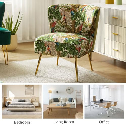 Accent Chair with Golden Metal Legs, Comfy Tufted Wingback Living Room Chair Floral Fabric Small Armless Side Chair, Upholstered Slipper Chair for Bedroom, Reading Room Flower Print
