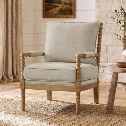 Linen Fabric Spindle Accent Chair with Wood Frame, French Style Accent Chairs with Padded Spring Seat and Armrest Pads, Brushed Base for Living Room Bedroom Farmhouse Office Balcony(Beige)