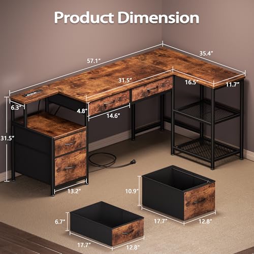 57" L Shaped Computer Desk with Power Outlet, Drawers, Rustic Brown, view 4