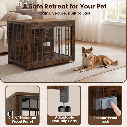 Wooden Dog Crate Furniture 32" for High Anxiety Medium Dogs, Aged Black, view 5
