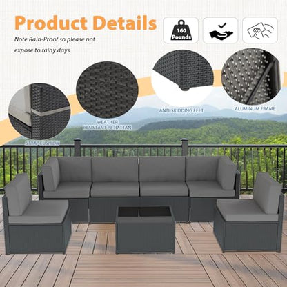 7 Piece Outdoor Patio Furniture Set, Outdoor Sectional Conversation Furniture Chair with Coffee Table,Patio Sectional for Garden,Backyard(Grey Cushions and Black PE Rattan)