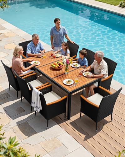 9 Piece Patio Dining Set Outdoor Acacia Wood Table and Chairs with Soft Cushions Wicker Patio Furniture for Deck, Backyard, Garden