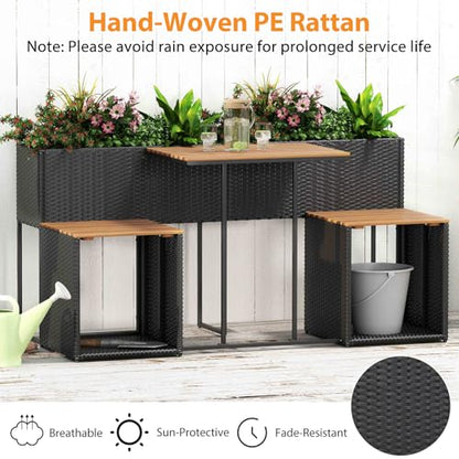 Patio Furniture Set with Raised Garden Bed, PE Rattan Garden Planter Table with Built-in Chairs and Storage Space, Acacia Wood Outdoor Conversation Set with Sturdy Metal Frame