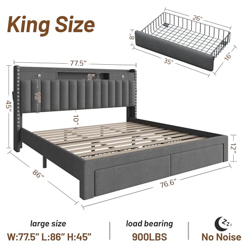 King Size Bed Frame with 4 Storage Drawers and Headboard & Dark Grey, view 3