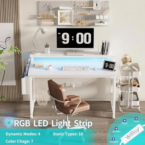 White Computer Desk with LED Lights and Power Outlets, view 5