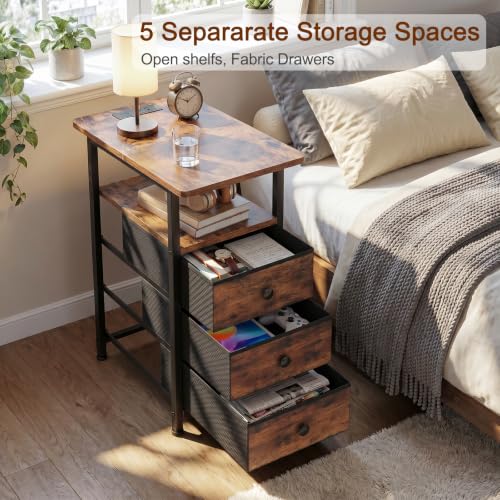 End Tables Living Room with Charging Station, Narrow Side Table with USB Ports and Outlets, Slim Nightstand with 3 Fabric Drawers for Bedroom, Small Space, Rustic Brown, HETN013BR-1