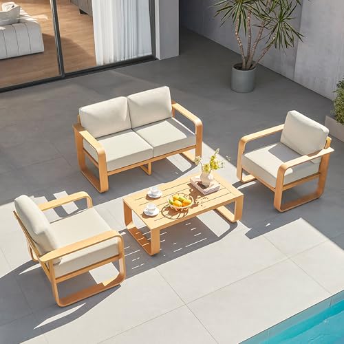 CHITA Outdoor Furniture Set 4 Piece, 4-Seats Patio Conversation Set, Brown | 100% Aluminum Frame, Wood-Like Finish Grain, 6.3in Thickened Cushion, OEKO-TEX Olefin Washable Covers, Anti-slip Straps