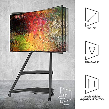 Corner TV Stand with Wheels for 43 55 65 70 75 Inch TV, Black TV Cart Floor Stand, Modern TV Stand with Wooden Storage Shelves, Eiffel Series