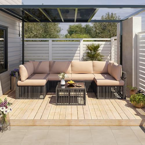 7-Piece Outdoor Sectional Set, Large Wicker Patio Furniture Set with Coffee Table and Washable Cushions Covers, All-Weather Patio Sofa Conversation Set for Backyard, Poolside, Garden