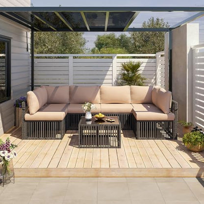 7-Piece Outdoor Sectional Set, Large Wicker Patio Furniture Set with Coffee Table and Washable Cushions Covers, All-Weather Patio Sofa Conversation Set for Backyard, Poolside, Garden