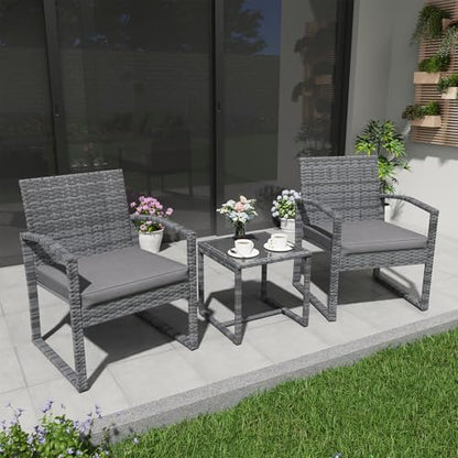 3 Piece Outdoor Patio Furniture Conversation Set, Rattan Chair Set With Coffee Table, For Garden, Balcony, Backyard, Poolside (Dark Grey)